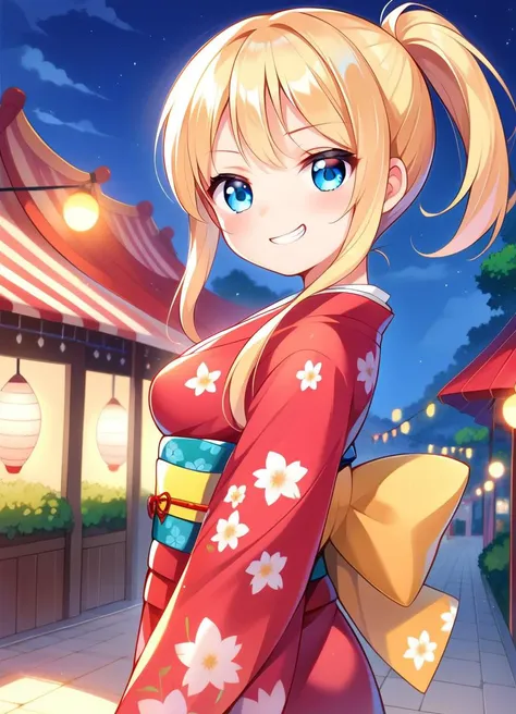 score_9, score_8_up, score_7_up, source_anime, BREAK kawaii, perfect symmetrical face, ultra cute girl, ultra cute face, ultra detailed eyes, ultra detailed hair, ultra cute, ultra beautiful, uncensored, BREAK 1girl, ( solo focus:1.2), BREAK ( blue eyes), ( blonde hair), (short hair with long locks), side ponytail, BREAK medium breasts, BREAK ( floral print red kimono, covered stomach:1.5), obi, BREAK ( smirk, smug, grin:1.2), standing, arm at side, looking at viewer, BREAK ( cowboy shot:1), dynamic angle, from side, BREAK outdoors, scenery, (night, dark), summer festival, market stall, food stand,