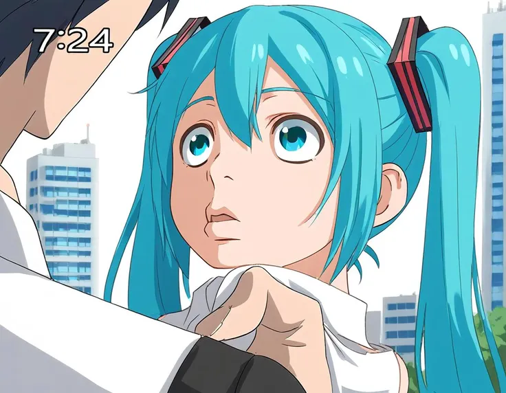 <lora:HyLper-Accelerate-PAseer:1><lora:Fixhands_anime_bdsqlsz_V1:1>score_9, score_8_up, score_7_up, uncensored, source_anime, intricate details, perfect anatomy BREAK
1boy, 1girl, hatsune miku, aqua hair, aqua eyes, twintails,
nijiuraseven, outdoors, city,
<lora:nijiuraseven_XL(pony)fix:1>
