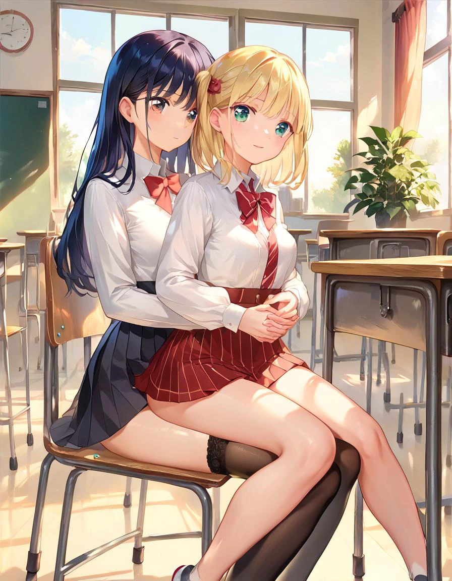 score_9,score_8_up,score_7_up,quality_masterpiece,quality_best,quality_high,quality_detailed,<lora:reverse_upright_straddle_v0.2-pony:1>,reverse upright straddle,legs together,(2girls:1.3),classroom,on chair,(girl in the back hugs the girl in front from behind:1.4),(girl in front leans on the girl behind her:1.4),