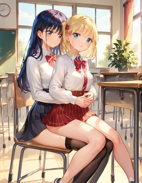score_9,score_8_up,score_7_up,quality_masterpiece,quality_best,quality_high,quality_detailed,<lora:reverse_upright_straddle_v0.2-pony:1>,reverse upright straddle,legs together,(2girls:1.3),classroom,on chair,(girl in the back hugs the girl in front from behind:1.4),(girl in front leans on the girl behind her:1.4),