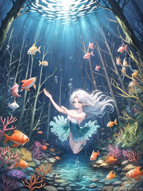 score_9,score_8_up,score_7_up,highres,,expressiveh, (Masterpiece), (Best Quality), (Ultra detailed), (Underwater), (Illustrated), (Beautiful and detailed water), (Coral), Open pleats, (Very exquisite and beautiful girl), dynamic_angle, Floating, (beautiful and delicate eyes), (detailed lighting), (girl), floating hair, glowing_eye, Sharp ears, (splash), underwater, (fish), white hair, green right eye, ice blue left eye, leaf skirt, feathers, natural, (sunlight), (underwater forest), (painting), (blooming), (detailed glow), wet, seaweed, Fish, (Tyndall Effect), Face to Face,,,,, 1990s \ (style \), vintage,<lora:Expressive_H:0.6>,<lora:OldAnimeStyle_XL_v3:0.8>