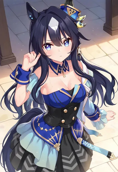 (Score_9, Score_8, Score_7, Score_6, Score_5), cowboy shot, POV, rating_safe, best quality, official art, official style, 1girl, playing with own hair, (looking away), (sweaty skin:1.4), (blush, pout), BREAK verxina \(umamusume\), medium breasts, horse ears, black pantyhose, horse tail, peplum dress, black flared skirt, detached collar, hair ornament, mole under eye, earrings, one shoulder jacket, white high heel, blue high heel, asymmetrical high heels, wrist cuffs, blue sleeve, single sleeve, single bare shoulder, black corset, green pelisse <lora:pony_verxina_v1.1:0.8>