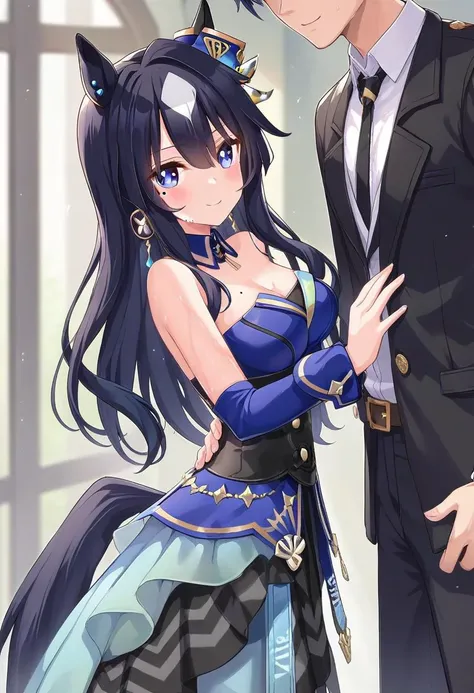 (Score_9, Score_8, Score_7, Score_6, Score_5), cowboy shot, 1girl,couple focus, rating_safe, best quality, official art, official style, 1boy (1boy is faceless male), 1girl, incoming hug, (looking away), (sweaty skin:1.4), (blush, seductive smile:1.6), BREAK verxina \(umamusume\), medium breasts, horse ears, black pantyhose, horse tail, peplum dress, black flared skirt, detached collar, hair ornament, mole under eye, earrings, one shoulder jacket, white high heel, blue high heel, asymmetrical high heels, wrist cuffs, blue sleeve, single sleeve, single bare shoulder, black corset, green pelisse, <lora:pony_verxina_v1.1:0.8>