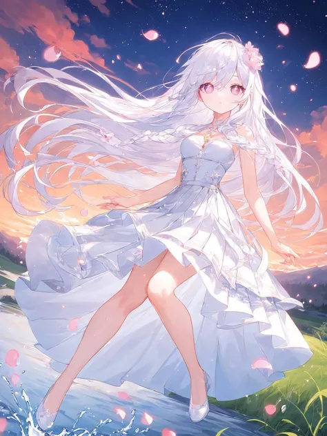 score_9,score_8_up,score_7_up,,expressiveh,, {{Masterpiece}}, {Best Quality, Ultra Fine Illustrations, Beautiful and Delicate Water, Best Grass}, (Beautiful Eyes), {Extremely Exquisite Light, Perfect Limbs}, {Natural, Painting, Spray}, {Fine Luminescence, Extremely Fine 8K CG Wallpaper}, Lavender colored Eyes, Pink Pupils, Full Body, White Hair, light_eyes, (A very delicate and beautiful girl), (1 girl), medium chest circumference, dynamic_angle, (a white dress adorned with gold), (long hair fluttering in the wind, beautiful hair accessories, exquisite wet skirt, nsfw, Breeze, long bangs, pleated skirt, (staring blankly, cute big eyes), messy hair, Payot, horizontal braids, (thin lace white skirt) flower grass, near the water's edge, (sunset, starry sky), randomly distributed clouds, (river), splashing water, falling petals,<lora:Expressive_H:0.8>,<lora:add-detail-xl:1>