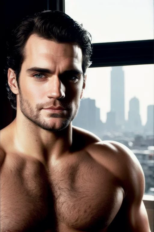 A nice photo of hecavill, trending on deviantart, perfect face, highly detailed, official print, splendid, boy, (well drawn clean and realist grey eyes with a precise and defined shape:0.5 ), soft focus, amazing light, (hairy chest:0.3), (muscular:0.3) (skin details and problems:0.5), (front light:0.5), a window with a city in the background, warm morning light, sexy, model shoot, ((photorealist)), (grain:0.2), (analog:0.2), professional photographer, art by Constance Gordon-Cumming and greg gandy and gigachad