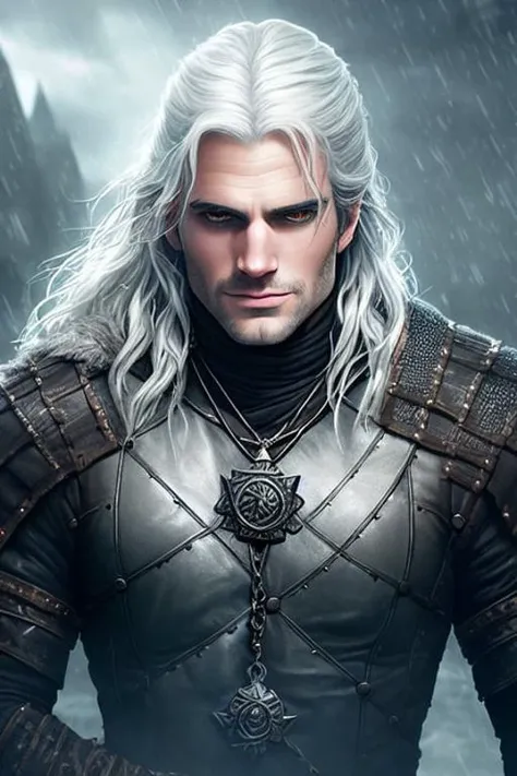 a close shoot (portrait:1.5) of hecavill as Geralt of Rivia  from witcher (2021) with wet skin,  (medieval black outfit), silver amulet with the shape of a wolf head on a silver chain, (white hairs in the wind and white hairs), (muscular:0.5),moviestill, 2 0 1 9 anime, dark fantasy (portrait), borg, warrior, steel sword,  volumetric light, higly detailled, dramatic windy and snowy storm medieval in the background, (analog), (wet), ((dirty and filth)), cinematic look, studio light, ((photorealist)), soft focus, dramatic, trending on artstation, amazing light effect, deep of field