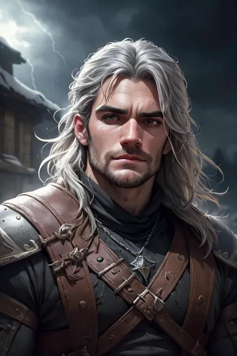 <lora:mrpumpkinlorav01:0.6>, a upper body shot (portrait:1.5) of hecavill as Geralt of Rivia from witcher (2021) with wet skin, (medieval black outfit), silver amulet with the shape of a wolf head on a silver chain, (silver hairs in the wind and silver hairs), (muscular:0.5), moviestill, 2 0 1 9 anime, dark fantasy (portrait), borg, warrior, steel sword, volumetric light, higly detailled, dramatic windy and snowy storm medieval in the background, (analog), (wet), ((dirty and filth)), cinematic look, studio light, ((photorealist)), soft focus, dramatic, trending on artstation, amazing light effect, deep of field <lora:bulkedupAIHugeMuscles_bulkedupAIR15:0.25>