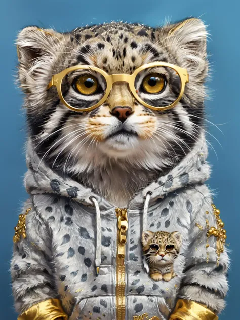 Full-bodied portrait, cute and adorable cartoon s4s the pallas's cat baby wearing a gold jaguar print hoodie and silver sunglasses, fantasy, dreamlike, surrealism, super cute, trending on artstation <lora:xl_more_art-full_v1:1> <lora:s4sMix2:0.8>,