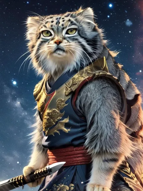 full-body, s4s the Pallas's cat, anthropomorphic cat ninja, there is a cat with a fish and a sword on a galaxy background, samurai cat, cat warrior, armoured cat, samurai deity with koi armor, by Kan\u014d Tan'y\u016b, highly detailed and colored, in the art style of ukiyo-e, inspired by Utagawa Kuniyoshi\n\nliquid insanity, magnetic allure, dark and mysterious, a hauntingly beautiful tormented photo, Zinsanely detailed and intricate, hyper maximalist, elite, horror, creepy, ominous, haunting, cinematic, society, colossal, James Jean, Brian Froud,\n\n\n[object Object], (Detailed face features:1.3), (RAW photo, 16k, masterpiece, best quality: 1.2), (ultra-realism, hyper-detailed and intricate realism: 1.3), (wide depth of field, radiant mapping, ray tracing, god rays: 1.2), High dynamic range, vivid, rich details, clear shadows and highlights, realistic, intense, enhanced contrast
<lora:s4sV1:1>
<lora:[XL]knighthood:1>