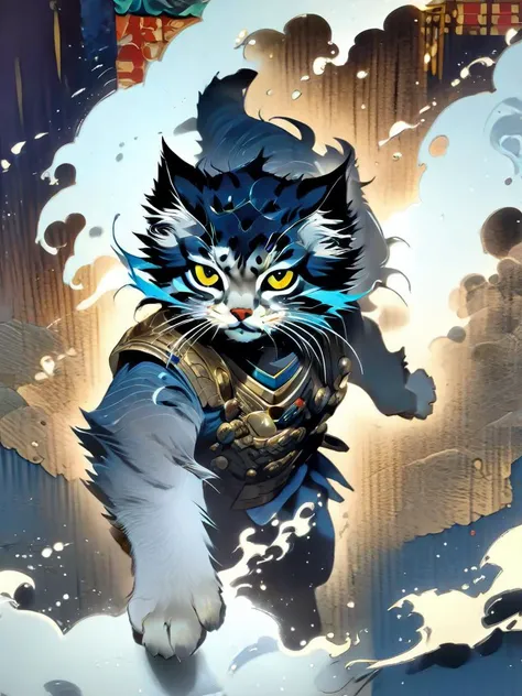 full-body, s4s the Pallas's cat, anthropomorphic cat ninja, there is a cat with a fish and a sword on a galaxy background, samurai cat, cat warrior, armoured cat, samurai deity with koi armor, by Kan\u014d Tan'y\u016b, highly detailed and colored, in the art style of ukiyo-e, inspired by Utagawa Kuniyoshi\n\nliquid insanity, magnetic allure, dark and mysterious, a hauntingly beautiful tormented photo, Zinsanely detailed and intricate, hyper maximalist, elite, horror, creepy, ominous, haunting, cinematic, society, colossal, James Jean, Brian Froud,\n\n\n[object Object], (Detailed face features:1.3), (RAW photo, 16k, masterpiece, best quality: 1.2), (ultra-realism, hyper-detailed and intricate realism: 1.3), (wide depth of field, radiant mapping, ray tracing, god rays: 1.2), High dynamic range, vivid, rich details, clear shadows and highlights, realistic, intense, enhanced contrast
<lora:s4sV1:1>
<lora:[XL]knighthood:1>