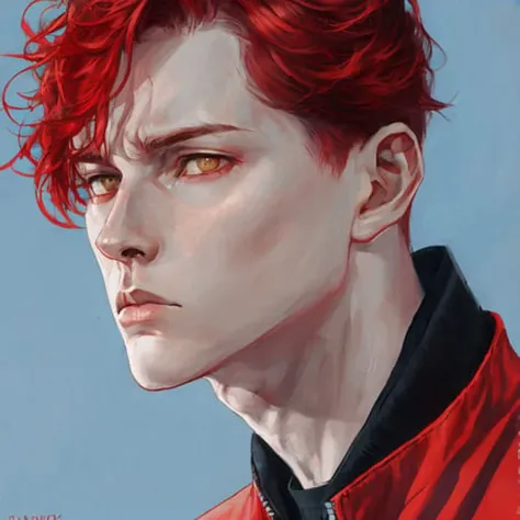 ((masterpiece,best quality)),white background, full body,blue theme,1boy, solo,red hair,yellow eyes,annoyed,jacket,wind, <lora:dashu:0.8>
