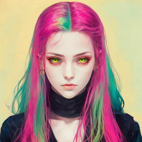 ((masterpiece,best quality)),white background,green theme,1girl, solo,pink hair,long hair,yellow eyes, <lora:dashu-000010:0.8>