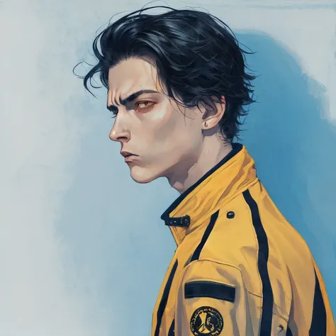 ((masterpiece,best quality)),white background, full body,blue theme,1boy, solo,black hair,yellow eyes,annoyed,jacket,wind, <lora:dashu:0.8>