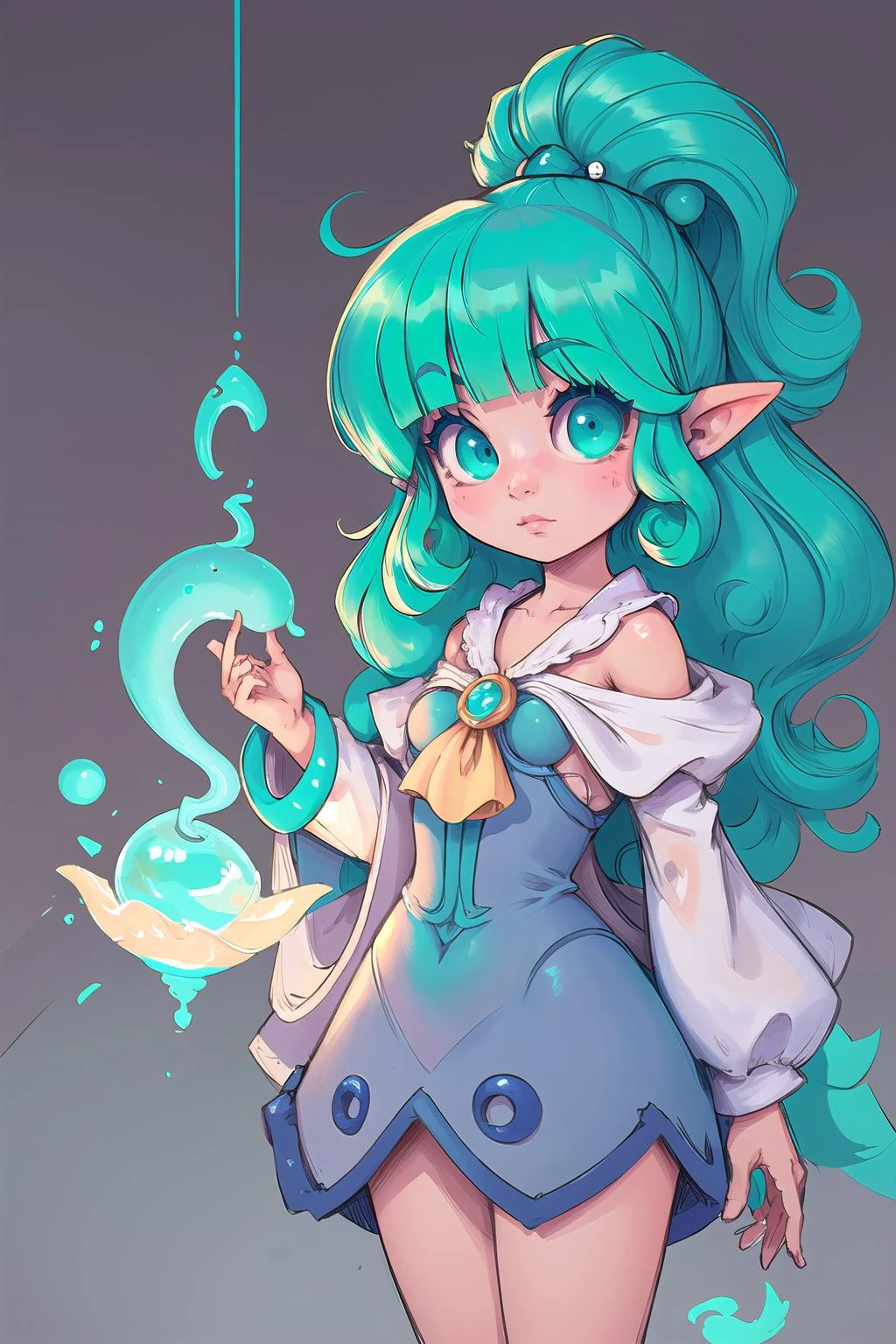 (kawaii:1.4),cute, from behind, (masterpiece, best_quality, ultra-detailed, immaculate:1.3), epic, illustration, 1girl, Yellow Mombin pixie, see-through gossamer, =_=, in an alchemy laboratory, bombshell hair, muted aqua hair, Victorian Updo,swept bangs, standing<lyco:EnvyCuteMix13:1>