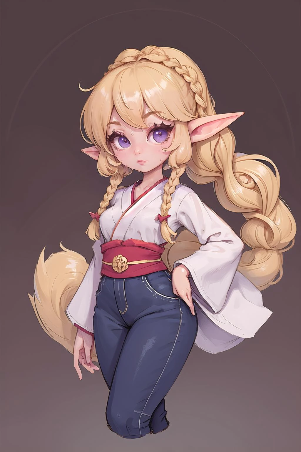 (chibi:1.4),cute, (masterpiece, best_quality, ultra-detailed, immaculate:1.3), epic, illustration, elf arctic ,Japanese assassin lord , patterned silk , short skirt,, tight pants,blonde hair, pixie cut,Pin Curls, korean, small breasts, slim figure, tail hug, , on a ship, in the sticky, Hawaiian Shire, bombshell hair, light brown hair, Wet Look,french braids, gendou pose<lyco:EnvyCuteMix13:1>