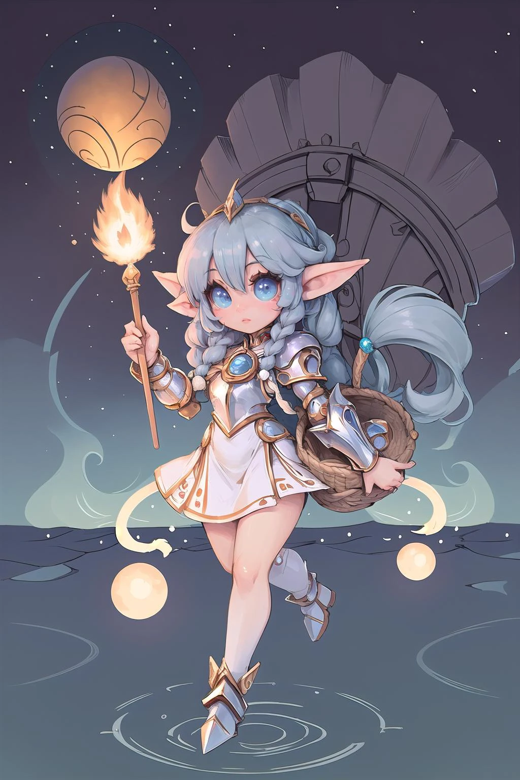 kawaii sticker art, (masterpiece, best_quality, ultra-detailed, immaculate:1.3), epic, illustration, elf sci-fi dragoon , (armor:1.3), gray hair, Basket Weave Braid, a-pose, on an Italian, Egyptian airship, in in the deep sky, galactic ocean, bombshell hair, deep ginger hair, short bombshell hair, running<lyco:EnvyCuteMix13:1>