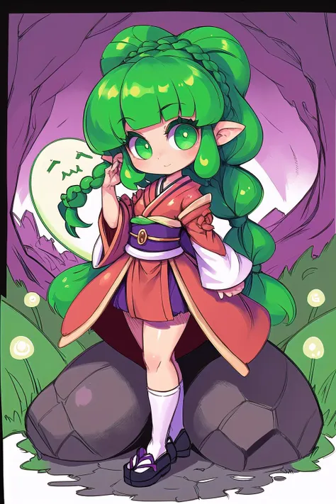 (chibi:1),adorable, (masterpiece, best_quality, ultra-detailed, immaculate:1.3), epic, illustration, welcoming, 1girl, warlock, green hair, Side Swept Dutch Braid, in a orderly lava cave, in a Japanese ghost town, bombshell hair, vivid forest green hair, hime cut,Braided Bangs, arms up<lyco:EnvyCuteMix13:1>