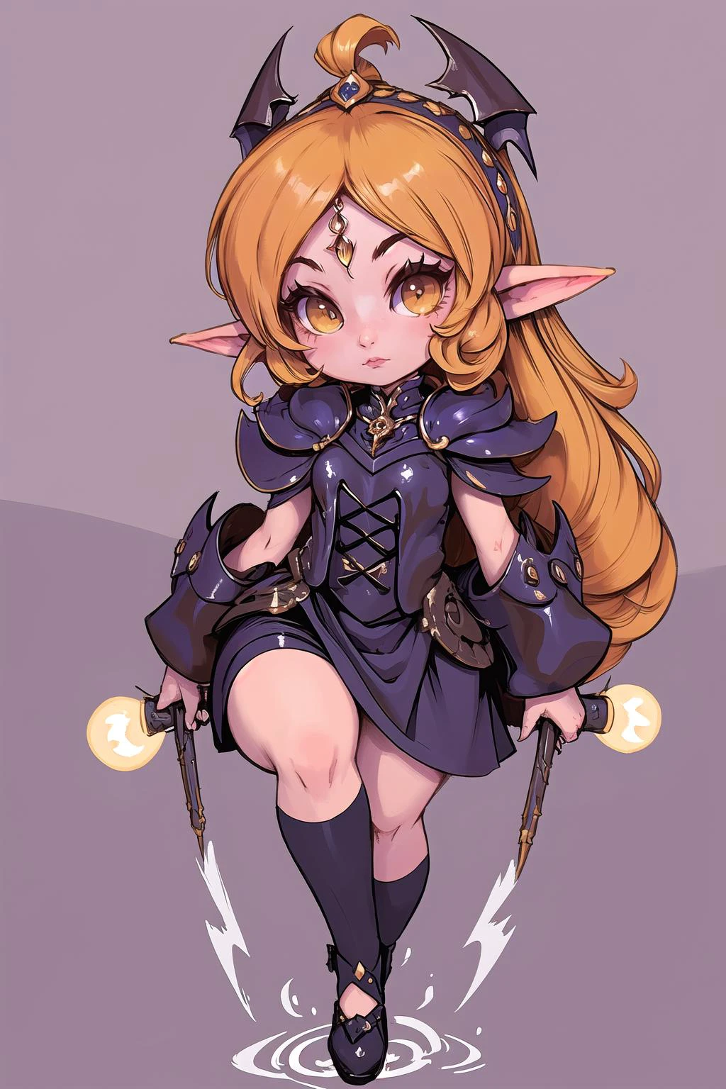 (chibi:1.4),adorable,cute, (masterpiece, best_quality, ultra-detailed, immaculate:1.3), epic, illustration, elf mountain heavy knight lord villainess, armor, light brown hair, Ombre Hair,hime cut, scorpion pose, in an gothic atelier, in a club, bombshell hair, yellow hair, Half Up Half Down, legs apart<lyco:EnvyCuteMix13:1>
