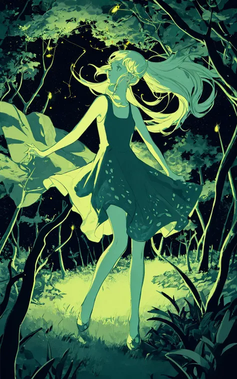 A girl dancing in the forest, She has many fireflies around her, riso print style, Slight retro color, flat, grainy, illustration, low saturation, cold color palette, muted colors, detailed, 8k,  <lora:riso_tunan:0.8>