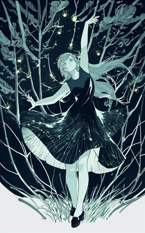 A girl dancing in the forest, She has many fireflies around her, riso print style, Slight retro color, flat, grainy, illustration, low saturation, cold color palette, muted colors, detailed, 8k, <lora:riso_tunan:0.8>