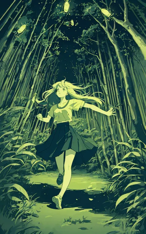 A girl running in the forest, She has many fireflies around her, riso print style, Slight retro color, flat, grainy, illustration, low saturation, muted colors, detailed, 8k,  <lora:riso_tunan:0.8>