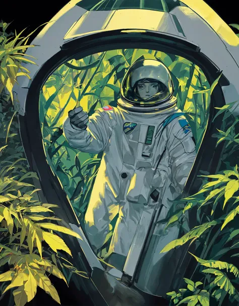 Slight retro color, flat, grainy, riso print style, illustration,  low saturation,
"Astronaut in a Jungle" by Syd Mead, cold color palette, muted colors, detailed, 8k <lora:riso_tunan:1>