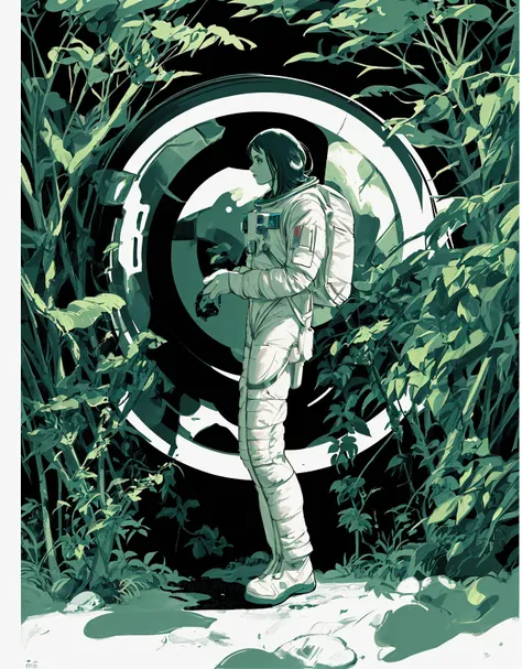 Slight retro color, flat, grainy, riso print style, illustration,  low saturation,
"Astronaut in a Jungle" by Syd Mead, cold color palette, muted colors, detailed, 8k <lora:riso_tunan:1>