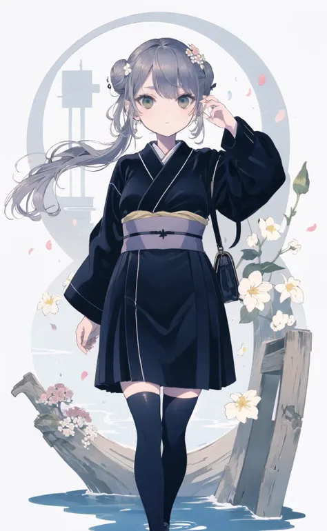 aruheitou,((too many flowers, )),fountain,chin rest,Beau blue,3;,Grey shining long hair,(bun cover),Green and black mixed eyes, Blackish-purple sweater dress,Black shoes with a hint of red on the instep,((yukata)), masterpiece, best quality, sultry vibe, eye glitter, absurdres, high contrast, from_below,1girl, solo,  (wide hip), (narrow_waist:1.2), (thin thigh:1.2), (large_gap_between_legs:1.3), groin, long_legs, thighhighs, <lora:aruheitou-LOHA:1>