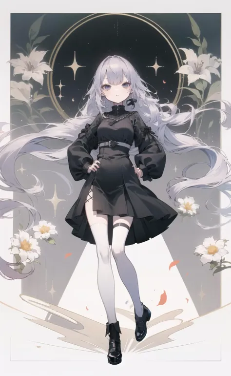 aruheitou,((too many flowers, )),gothic architecture,hands on hips,Blue (NCS),3;,Grey shining long hair,(floating hair),Green and black mixed eyes, Blackish-purple sweater dress,Black shoes with a hint of red on the instep,((num clothes)), masterpiece, best quality, sultry vibe, eye glitter, absurdres, high contrast, from_below,1girl, solo,  (wide hip), (narrow_waist:1.2), (thin thigh:1.2), (large_gap_between_legs:1.3), groin, long_legs, thighhighs, <lora:aruheitou-LOHA:1>