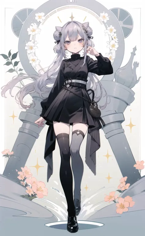 aruheitou,((too many flowers, )),fountain,chin rest,Beau blue,3;,Grey shining long hair,(bun cover),Green and black mixed eyes, Blackish-purple sweater dress,Black shoes with a hint of red on the instep,((yukata)), masterpiece, best quality, sultry vibe, eye glitter, absurdres, high contrast, from_below,1girl, solo,  (wide hip), (narrow_waist:1.2), (thin thigh:1.2), (large_gap_between_legs:1.3), groin, long_legs, thighhighs, <lora:aruheitou-LOHA:1>