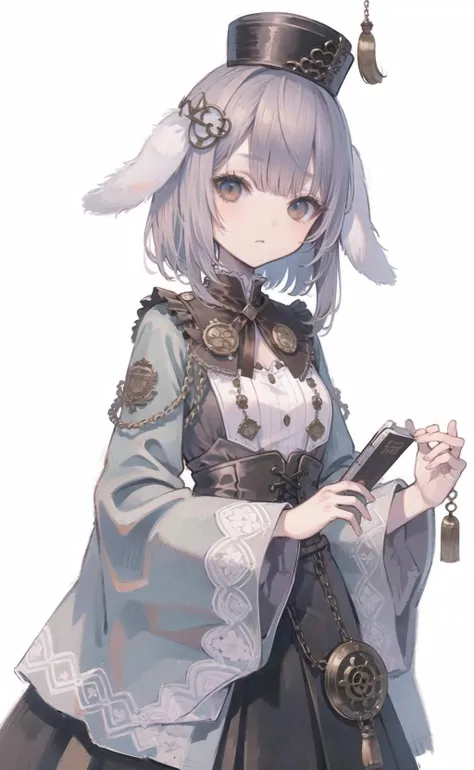 aruheitou, 1girl, animal ears, solo, rabbit ears, dress, hat, looking at viewer, white background, black dress, long sleeves, holding, simple background, pocket watch, bangs, traditional media, wide sleeves, hair ornament <lora:aruheitou-LOHA:1>