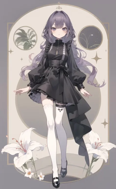 aruheitou,((too many flowers, )),in summer,straddle,Amaranth deep purple,3;,Grey shining long hair,(braid),Green and black mixed eyes, Blackish-purple sweater dress,Black shoes with a hint of red on the instep,((chiffon dress)), masterpiece, best quality, sultry vibe, eye glitter, absurdres, high contrast, from_below,1girl, solo,  (wide hip), (narrow_waist:1.2), (thin thigh:1.2), (large_gap_between_legs:1.3), groin, long_legs, thighhighs, <lora:aruheitou-LOHA:1>