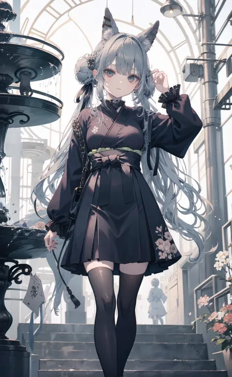 aruheitou,((too many flowers, )),fountain,chin rest,Beau blue,3;,Grey shining long hair,(bun cover),Green and black mixed eyes, Blackish-purple sweater dress,Black shoes with a hint of red on the instep,((yukata)), masterpiece, best quality, sultry vibe, eye glitter, absurdres, high contrast, from_below,1girl, solo,  (wide hip), (narrow_waist:1.2), (thin thigh:1.2), (large_gap_between_legs:1.3), groin, long_legs, thighhighs, <lora:aruheitou-LOHA:1>