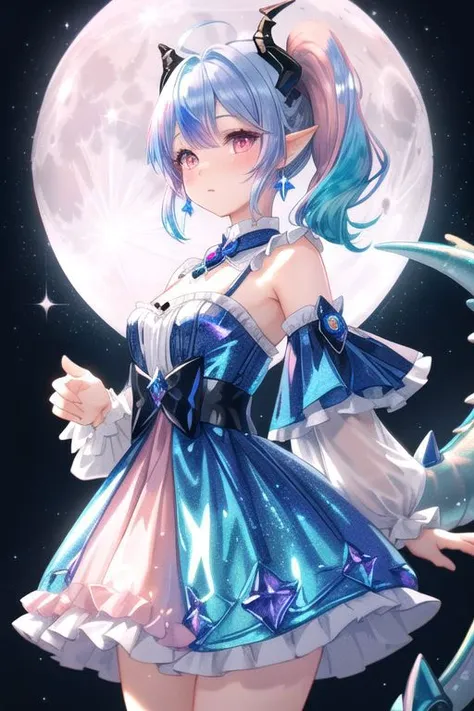 professional image of a cute young woman, (frilly elegant glossy dark holographic dress, moon brooch, moon earrings, moon accessories:1.2),
(blue dragon horns, blue dragon tail:1.3), (short hair, side ponytail, hair above cheeks, light blue hair with light pink hairtips, gradient hair, multicolored hair:1.4), red eyes, (small breasts, cute face, innocent, shy, pointy ears:1.1), (sparkles, sparkling clothes, sparkles near eyes:1.3),
(intricate aquatic background, sparkling beach), 
(absurdres, incredibly absurdres, huge filesize, extremely detailed, High quality texture, physically-based rendering, Ray tracing, octane render, sharp focus, (8k), (4k), (Masterpiece), (Best Quality), extremely detailed, intricate, hyper detailed, illustration, soft lighting, high resolution, sharp detail,)