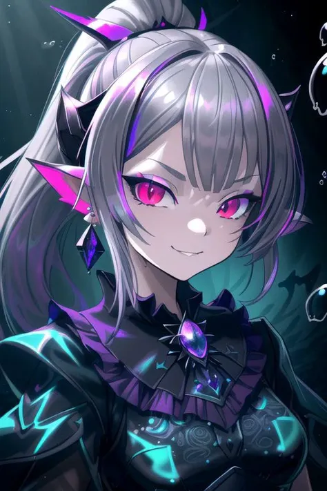 professional image of a cute young woman, (frilly elegant glossy dark holographic dress, pearl brooch, pearl earrings, pearl accessories),
(demon horns, demon tail, demon wings:1.1), (hair, ponytail, hair above cheeks, grey hair with dark purple hairtips, gradient hair, multicolored hair:1.2), (red eyes, evil smirk, evil face:1.2), (pointy ears, sharp fangs:1.1), (IncrsSlitPupil, slit pupils), (Corrupt_Girl, corruption, dark persona:1.3), dark,
(intricate dark aquatic background, underwater darkness, dark water, dark ocean floor, deep-sea fish, bubbles:1.4), 
(ultra wide angle shot, cinematic style, absurdres, incredibly absurdres, huge filesize, extremely detailed, High quality texture, physically-based rendering, Ray tracing, octane render, sharp focus, (8k), (4k), (Masterpiece), (Best Quality), extremely detailed, intricate, hyper detailed, illustration, soft lighting, high resolution, sharp detail,)