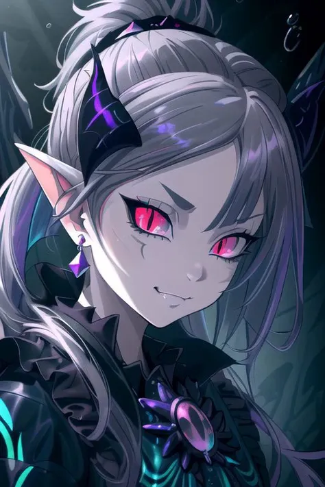 professional image of a cute young woman, (frilly elegant glossy dark holographic dress, pearl brooch, pearl earrings, pearl accessories),
(demon horns, demon tail, demon wings:1.1), (hair, ponytail, hair above cheeks, grey hair with dark purple hairtips, gradient hair, multicolored hair:1.2), (red eyes, evil smirk, evil face:1.2), (pointy ears, sharp fangs:1.1), (snake eyes, IncrsSlitPupil, slit pupils), (Corrupt_Girl, corruption, dark persona:1.3), dark,
(intricate dark aquatic background, underwater darkness, dark water, dark ocean floor, deep-sea fish, bubbles:1.4), 
(ultra wide angle shot, cinematic style, absurdres, incredibly absurdres, huge filesize, extremely detailed, High quality texture, physically-based rendering, Ray tracing, octane render, sharp focus, (8k), (4k), (Masterpiece), (Best Quality), extremely detailed, intricate, hyper detailed, illustration, soft lighting, high resolution, sharp detail,)