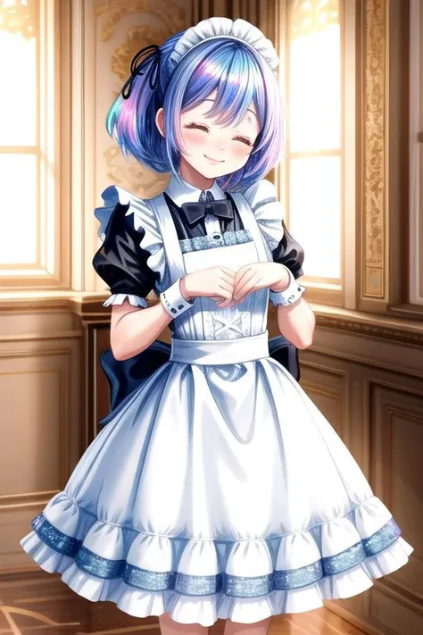 (cute style, big head, big eyes, bright pastel colors:1.3), standing, cute short french maid wearing (pastel ruffled gleaming holographic:1) dress with lace maid gloves, soft lighting, (Mary Janes shoes, short ruffled bobby socks:0.8), ruffles, (small breasts, cute face, perfect symmetric face, glossy lipstick, blush:1.3), (happy smile with closed eyes, ^_^), (cute maid pose, curtsy:1.3), (inside rich mansion, detailed intricate background:1.4), (sparkling hair, sparkling clothes:1.2), (shiny glossy holographic clothing, gleaming holographic fabric:1.1),
(absurdres, incredibly absurdres, huge filesize, extremely detailed, High quality texture, physically-based rendering, Ray tracing, octane render, sharp focus, (Masterpiece), (Best Quality), extremely detailed, intricate, hyper detailed, illustration, soft lighting, high resolution, sharp detail)