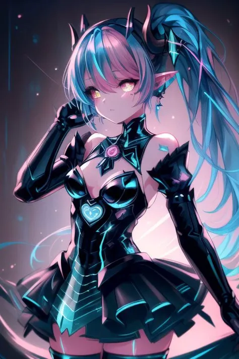 CorruptA, CorruptA, TronFashion, professional image of a cute young woman, (frilly elegant glossy dark holographic dress, moon brooch, moon earrings, moon accessories:1.2),
(blue water dragon horns, blue water dragon tail:1.3), (short hair, side ponytail, hair above cheeks, light blue hair with light pink hairtips, gradient hair, multicolored hair:1.4), red eyes, (small breasts, cute face, innocent, shy, pointy ears:1.1), (sparkles, sparkling clothes, sparkles near eyes:1.3),
(intricate aquatic background, underwater, ocean, small fishes, surrounded by exotic fish:1.2),
(pubic tattoo, symbol-shaped pupils, heart-shaped pupils, corruption, mind control:1.2),
(blue skin, black sclera, colored sclera, colored skin, yellow eyes, demon wings, demon horns, slit pupils:1.2),
(absurdres, incredibly absurdres, huge filesize, extremely detailed, High quality texture, physically-based rendering, Ray tracing, octane render, sharp focus, (8k), (4k), (Masterpiece), (Best Quality), extremely detailed, intricate, hyper detailed, illustration, soft lighting, high resolution, sharp detail,)