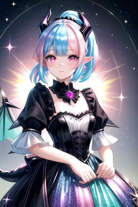 professional image of a cute young woman, (frilly elegant holographic dress, crescent brooch, crescent earrings, crescent accessories:1),
(black dragon horns, black dragon tail:1.2), (short hair, side ponytail, hair above cheeks, light blue hair with light pink hairtips, gradient hair, multicolored hair:1.4), red eyes, (small breasts, flat-chested, cute face, innocent, shy, pointy ears:1.1), (sparkles, sparkling clothes, sparkles near eyes:1.3),
(intricate aquattic background, beach), 
(absurdres, incredibly absurdres, huge filesize, extremely detailed, High quality texture, physically-based rendering, Ray tracing, octane render, sharp focus, (8k), (4k), (Masterpiece), (Best Quality), extremely detailed, intricate, hyper detailed, illustration, soft lighting, high resolution, sharp detail,)