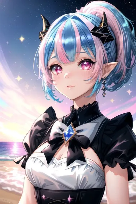 professional image of a cute young woman, (frilly elegant holographic dress, crescent brooch, crescent earrings, crescent accessories:1),
(black dragon horns, black dragon tail:1.2), (short hair, side ponytail, hair above cheeks, light blue hair with light pink hairtips, gradient hair, multicolored hair:1.4), red eyes, (small breasts, flat-chested, cute face, innocent, shy, pointy ears:1.1), (sparkles, sparkling clothes, sparkles near eyes:1.3),
(intricate aquattic background, beach), 
(absurdres, incredibly absurdres, huge filesize, extremely detailed, High quality texture, physically-based rendering, Ray tracing, octane render, sharp focus, (8k), (4k), (Masterpiece), (Best Quality), extremely detailed, intricate, hyper detailed, illustration, soft lighting, high resolution, sharp detail,)