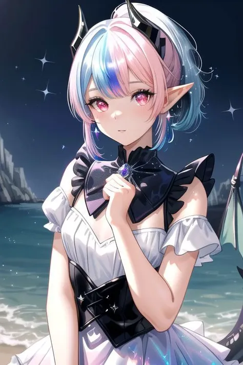 professional image of a cute young woman, (frilly elegant glossy holographic dress, moon brooch, moon earrings, moon accessories:1.2),
(black dragon horns, black dragon tail:1.1), (short hair, side ponytail, hair above cheeks, light blue hair with light pink hairtips, gradient hair, multicolored hair:1.4), red eyes, (small breasts, flat-chested, cute face, innocent, shy, pointy ears:1.1), (sparkles, sparkling clothes, sparkles near eyes:1.3),
(intricate aquatic background, beach), 
(absurdres, incredibly absurdres, huge filesize, extremely detailed, High quality texture, physically-based rendering, Ray tracing, octane render, sharp focus, (8k), (4k), (Masterpiece), (Best Quality), extremely detailed, intricate, hyper detailed, illustration, soft lighting, high resolution, sharp detail,)