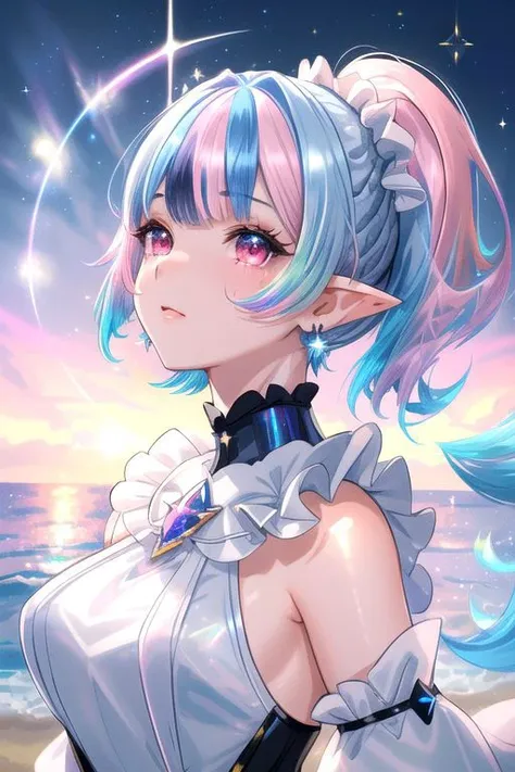 professional image of a cute young woman, (frilly elegant glossy holographic dress, moon brooch, moon earrings, moon accessories:1.2),
(black dragon horns, black dragon tail:1.1), (short hair, side ponytail, hair above cheeks, light blue hair with light pink hairtips, gradient hair, multicolored hair:1.4), red eyes, (small breasts, flat-chested, cute face, innocent, shy, pointy ears:1.1), (sparkles, sparkling clothes, sparkles near eyes:1.3),
(intricate aquatic background, beach), 
(absurdres, incredibly absurdres, huge filesize, extremely detailed, High quality texture, physically-based rendering, Ray tracing, octane render, sharp focus, (8k), (4k), (Masterpiece), (Best Quality), extremely detailed, intricate, hyper detailed, illustration, soft lighting, high resolution, sharp detail,)