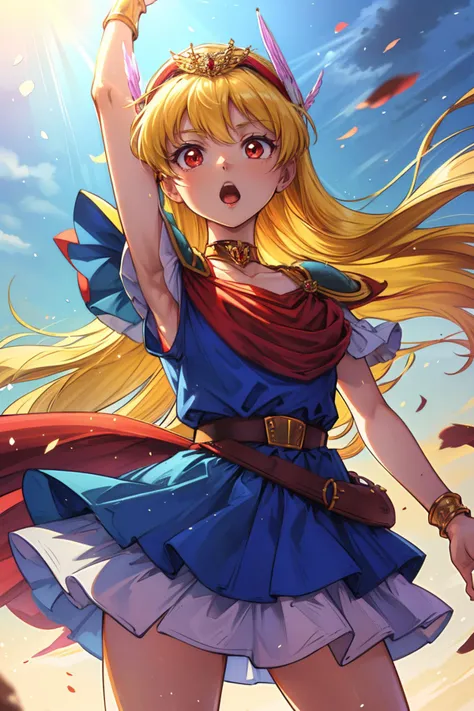 16k, highres, masterpiece, best quality, 
dutch angle, cowboy shot,  
standing,  arms up, armpits, from below,
o_o, :o, looking afar,
magical princess, blonde hair, long hair, (red eyes:1.3), 
hairband, jewelry, shoulder armor, bracelet, blue dress, armor, pauldrons, belt, choker, cape,
<lora:princess_v1_locon:0.7>