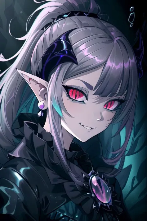 professional image of a cute young woman, (frilly elegant glossy dark holographic dress, pearl brooch, pearl earrings, pearl accessories),
(demon horns, demon tail, demon wings:1.1), (hair, ponytail, hair above cheeks, grey hair with dark purple hairtips, gradient hair, multicolored hair:1.2), (red eyes, evil smirk, evil face:1.2), (pointy ears, sharp fangs:1.1), (snake eyes, IncrsSlitPupil, slit pupils), (Corrupt_Girl, corruption, dark persona:1.3), dark,
(intricate dark aquatic background, underwater darkness, dark water, dark ocean floor, deep-sea fish, bubbles:1.4), 
(ultra wide angle shot, cinematic style, absurdres, incredibly absurdres, huge filesize, extremely detailed, High quality texture, physically-based rendering, Ray tracing, octane render, sharp focus, (8k), (4k), (Masterpiece), (Best Quality), extremely detailed, intricate, hyper detailed, illustration, soft lighting, high resolution, sharp detail,)