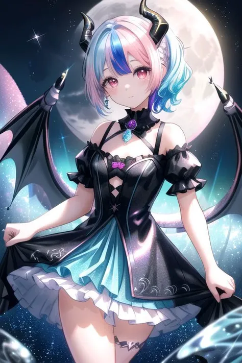 professional image of a cute young woman, (frilly elegant glossy dark holographic dress, moon brooch, moon earrings, moon accessories:1.2),
(black dragon horns, black dragon tail:1.3), (short hair, side ponytail, hair above cheeks, light blue hair with light pink hairtips, gradient hair, multicolored hair:1.4), red eyes, (small breasts, cute face, innocent, shy, pointy ears:1.1), (sparkles, sparkling clothes, sparkles near eyes:1.3),
(intricate aquatic background, sparkling beach), 
(absurdres, incredibly absurdres, huge filesize, extremely detailed, High quality texture, physically-based rendering, Ray tracing, octane render, sharp focus, (8k), (4k), (Masterpiece), (Best Quality), extremely detailed, intricate, hyper detailed, illustration, soft lighting, high resolution, sharp detail,)