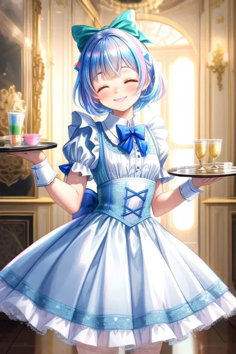 (cute style, big head, big eyes, bright pastel colors:1.3), standing, cute short french maid wearing (pastel ruffled gleaming holographic:1) dress with lace maid gloves, soft lighting, (Mary Janes shoes, short ruffled bobby socks:0.8), ruffles, (small breasts, cute face, perfect symmetric face, glossy lipstick, blush, large bow:1.3), (happy smile with closed eyes, ^_^:1.2), (serving tray:1.1), (inside rich mansion, detailed intricate background:1.4), (sparkling hair, sparkling clothes:1.2), (shiny glossy holographic clothing, gleaming holographic fabric:1.1),
(absurdres, incredibly absurdres, huge filesize, extremely detailed, High quality texture, physically-based rendering, Ray tracing, octane render, sharp focus, (Masterpiece), (Best Quality), extremely detailed, intricate, hyper detailed, illustration, soft lighting, high resolution, sharp detail)