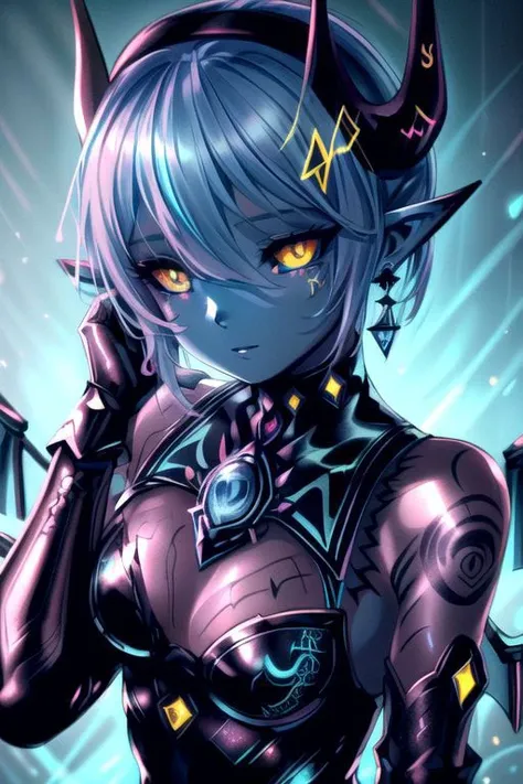 CorruptA, CorruptA, TronFashion, professional image of a cute young woman, (frilly elegant glossy dark holographic dress, moon brooch, moon earrings, moon accessories:1.2),
(dragon horns, dragon tail:1.1), (short hair, side ponytail, hair above cheeks, light blue hair with light pink hairtips, gradient hair, multicolored hair:1.2), red eyes, (small breasts, cute face, innocent, shy, pointy ears:1.1), (sparkles, sparkling clothes, sparkles near eyes:1.1),
(intricate aquatic background, underwater, ocean, small fishes, surrounded by exotic fish), 
(pubic tattoo, symbol-shaped pupils, corruption, mind control:1.3),
(blue skin, black sclera, colored sclera, colored skin, yellow eyes, demon wings, demon horns, slit pupils:1.4),
(absurdres, incredibly absurdres, huge filesize, extremely detailed, High quality texture, physically-based rendering, Ray tracing, octane render, sharp focus, (8k), (4k), (Masterpiece), (Best Quality), extremely detailed, intricate, hyper detailed, illustration, soft lighting, high resolution, sharp detail,)