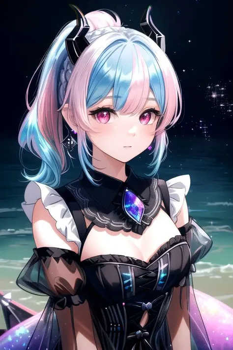 professional image of a cute young woman, (frilly elegant glossy dark holographic dress, moon brooch, moon earrings, moon accessories:1.2),
(black dragon horns, black dragon tail:1.3), (short hair, side ponytail, hair above cheeks, light blue hair with light pink hairtips, gradient hair, multicolored hair:1.4), red eyes, (small breasts, cute face, innocent, shy, pointy ears:1.1), (sparkles, sparkling clothes, sparkles near eyes:1.3),
(intricate aquatic background, beach), 
(absurdres, incredibly absurdres, huge filesize, extremely detailed, High quality texture, physically-based rendering, Ray tracing, octane render, sharp focus, (8k), (4k), (Masterpiece), (Best Quality), extremely detailed, intricate, hyper detailed, illustration, soft lighting, high resolution, sharp detail,)