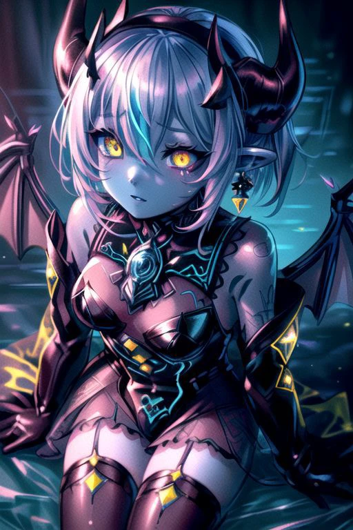 CorruptA, CorruptA, TronFashion, professional image of a cute young woman, (frilly elegant glossy dark holographic dress, moon brooch, moon earrings, moon accessories:1.2),
(dragon horns, dragon tail:1.1), (short hair, side ponytail, hair above cheeks, light blue hair with light pink hairtips, gradient hair, multicolored hair:1.2), red eyes, (small breasts, cute face, innocent, shy, pointy ears:1.1), (sparkles, sparkling clothes, sparkles near eyes:1.1),
(intricate aquatic background, underwater, ocean, small fishes, surrounded by exotic fish),
(pubic tattoo, symbol-shaped pupils, corruption, mind control:1.3),
(blue skin, black sclera, colored sclera, colored skin, yellow eyes, demon wings, demon horns, slit pupils:1.4),
(absurdres, incredibly absurdres, huge filesize, extremely detailed, High quality texture, physically-based rendering, Ray tracing, octane render, sharp focus, (8k), (4k), (Masterpiece), (Best Quality), extremely detailed, intricate, hyper detailed, illustration, soft lighting, high resolution, sharp detail,)