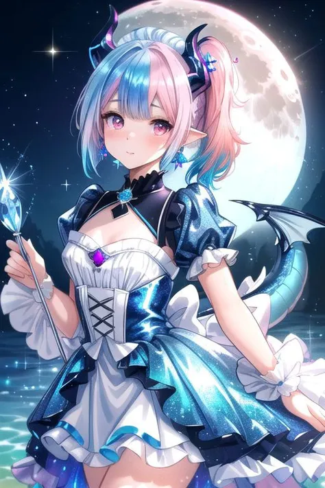 professional image of a cute young woman, (frilly elegant glossy dark holographic dress, moon brooch, moon earrings, moon accessories:1.2),
(blue dragon horns, blue dragon tail:1.3), (short hair, side ponytail, hair above cheeks, light blue hair with light pink hairtips, gradient hair, multicolored hair:1.4), red eyes, (small breasts, cute face, innocent, shy, pointy ears:1.1), (sparkles, sparkling clothes, sparkles near eyes:1.3),
(intricate aquatic background, sparkling beach), 
(absurdres, incredibly absurdres, huge filesize, extremely detailed, High quality texture, physically-based rendering, Ray tracing, octane render, sharp focus, (8k), (4k), (Masterpiece), (Best Quality), extremely detailed, intricate, hyper detailed, illustration, soft lighting, high resolution, sharp detail,)